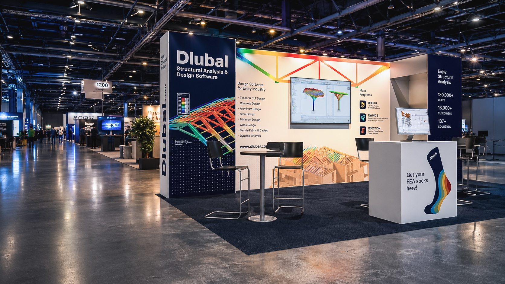 Dlubal Software trade show booth at International Mass Timber Conference 2026, Oregon Convention Center, Portland — 10x20 ft exhibit design by Martin Motlík