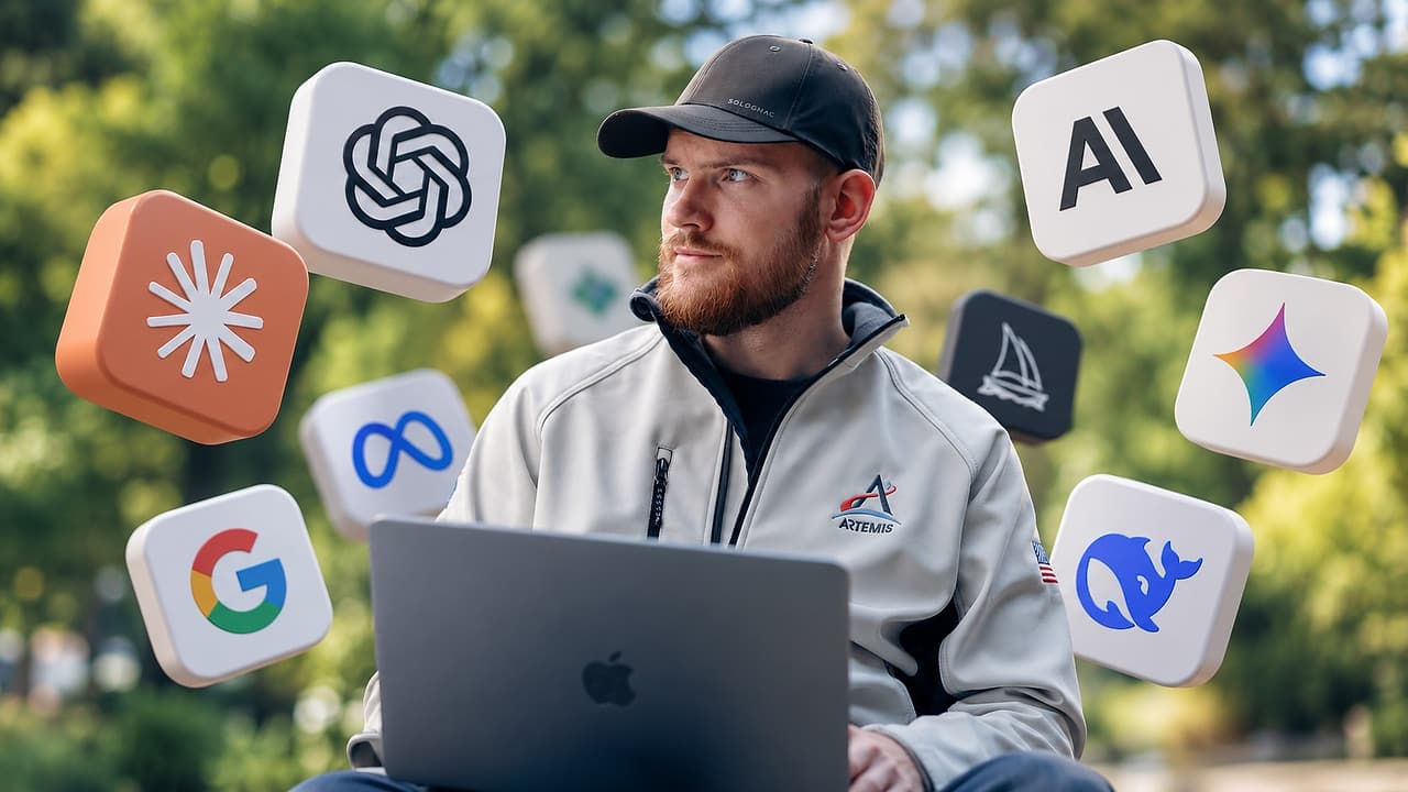 Martin Motl&iacute;k working on a laptop outdoors, surrounded by the icons of AI assistants and search engines