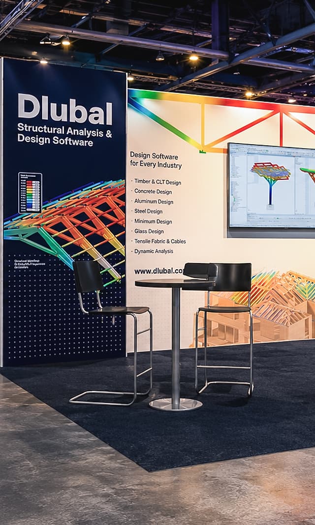 Výstavní stánek Dlubal Software na International Mass Timber Conference 2026, Oregon Convention Center, Portland – expozice 10 × 20 stop, návrh Martin Motlík