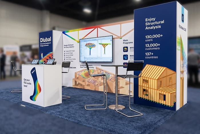 Messestand #908 von Dlubal Software – 3D-Visualisierung, Ansicht 2, International Mass Timber Conference 2026, Portland
