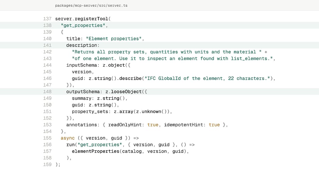 Source code of the get_properties tool from packages/mcp-server/src/server.ts: its name, the plain-English description the AI reads to decide when to use it, an input schema that takes the element's GlobalId, the read-only annotations and an output schema for a structured result. The name, description and output schema lines are tinted.