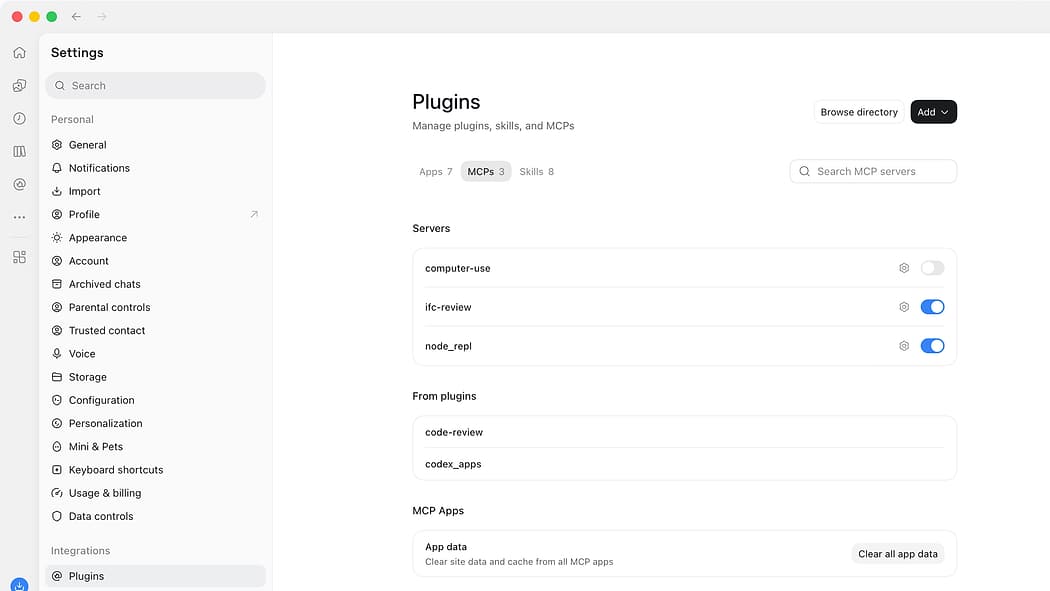 ChatGPT's settings, Plugins, MCPs tab: the ifc-review server switched on in the list of servers, next to the app's own ones.