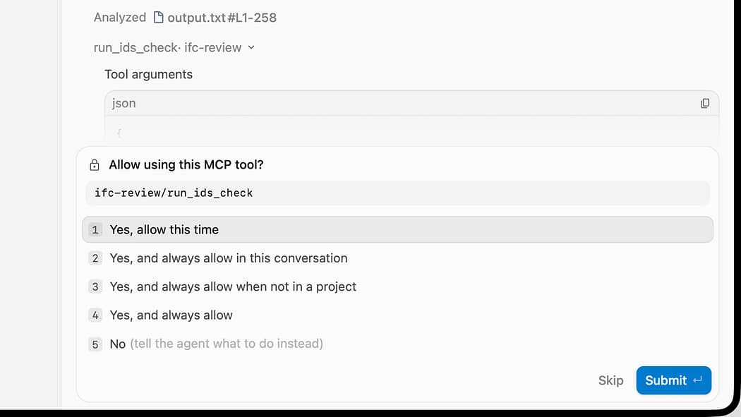 Google Antigravity, running Gemini, asks "Allow using this MCP tool?" before it calls run_ids_check of the ifc-review server. Above the question are the arguments the AI wants to send; below it the choices: allow this time, always allow in this conversation, always allow, or no.