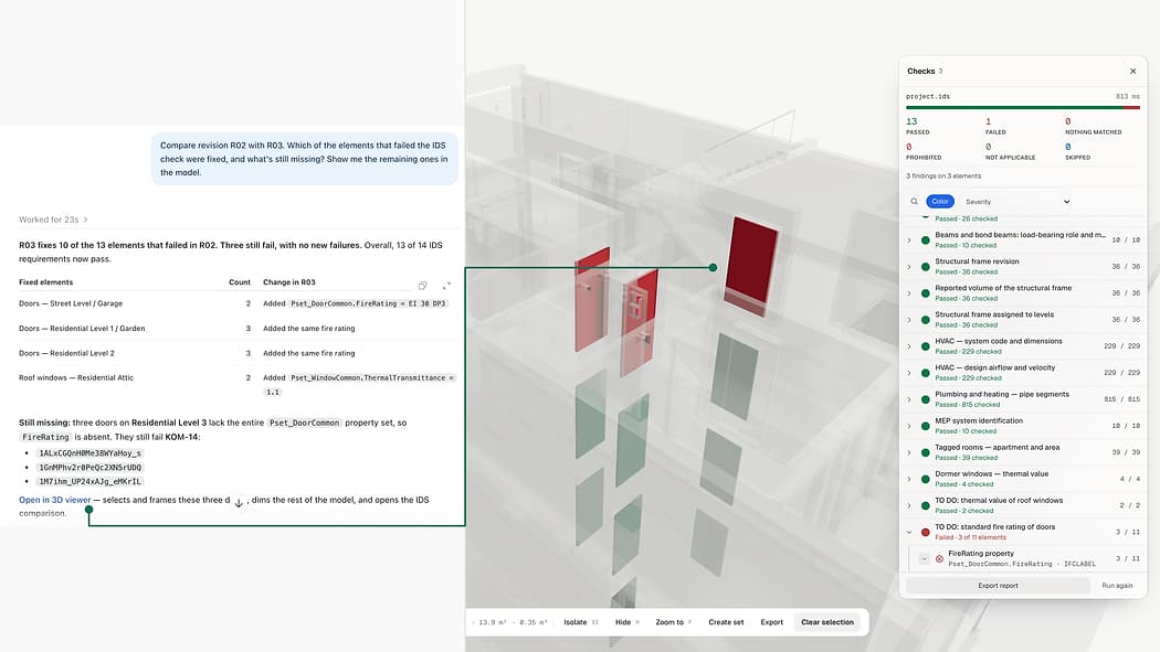 Left, ChatGPT's answer comparing revisions R02 and R03 of a residential building: 10 of 13 elements fixed, three doors whose fire-rating data is still missing, and an "Open in 3D viewer" link. A teal line runs from the link to the 3D viewer on the right, where the three doors on Residential Level 3 are red, the elements fixed since R02 are teal and the Checks panel lists the one requirement that still fails.