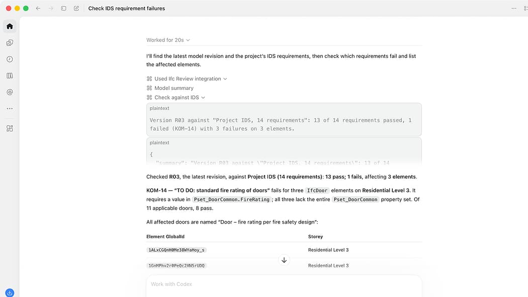 ChatGPT with its ifc-review calls unfolded: Model summary, then Check against IDS opened to show the summary and the structured JSON result the server returned, followed by ChatGPT's answer that 13 of 14 requirements pass and three doors fail KOM-14.