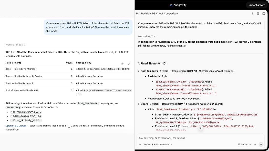 Side by side, ChatGPT (left) and Gemini in Google Antigravity (right) answer the same question about revisions R02 and R03 through the same ifc-review MCP server: 10 of 13 elements fixed, three doors still failing.