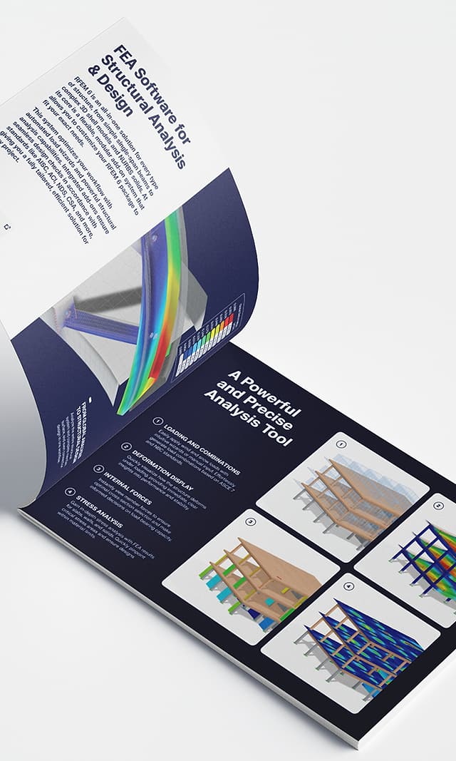 Produktová brožura softwaru pro statické výpočty RFEM 6 pro trhy USA a Kanady, navržená Martinem Motlíkem pro Dlubal Software