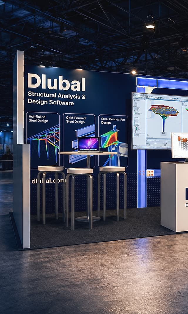 Výstavní stánek Dlubal Software na NASCC 2026, Georgia World Congress Center, Atlanta – expozice 10 × 20 stop, návrh Martin Motlík