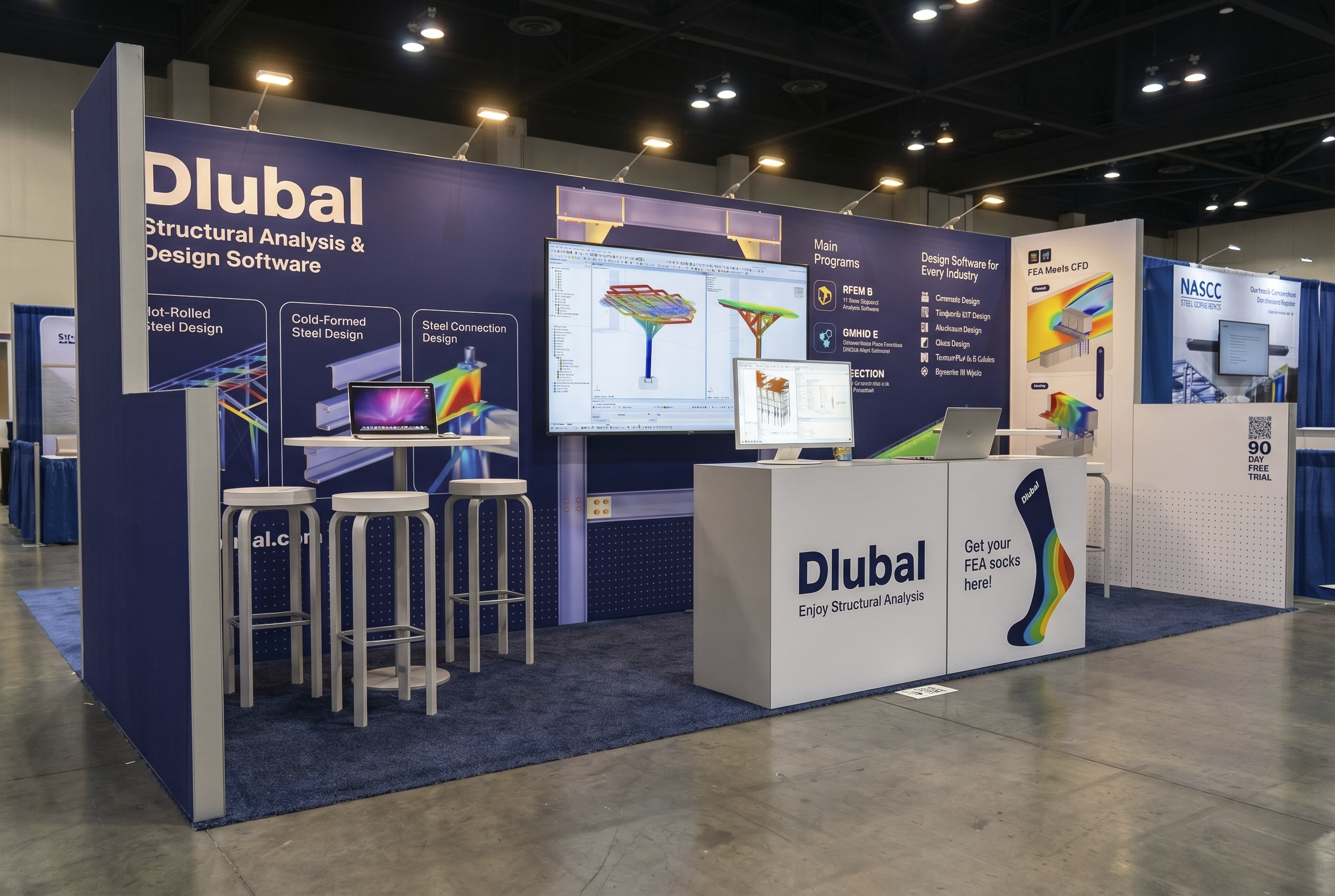 Dlubal Software booth #1008 — 3D render, NASCC 2026, Georgia World Congress Center, Atlanta