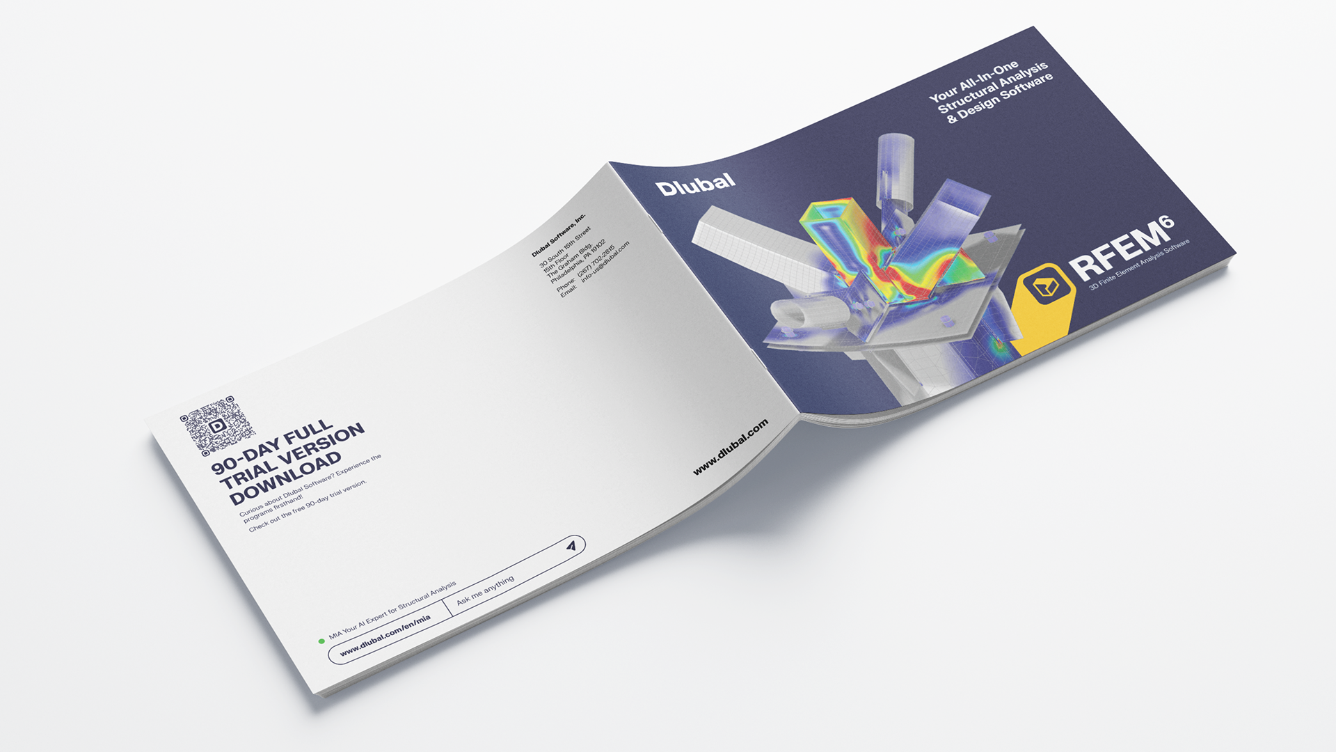 RFEM 6 product brochure page spread 1 — designed by Martin Motlík for Dlubal Software US market